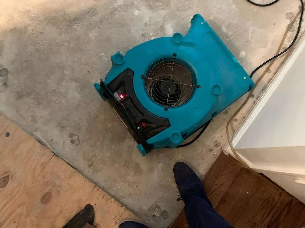 Air mover drying subfloor during Commercial Water Damage Restoration in Slaton